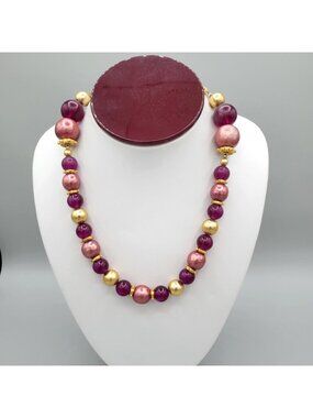 Georgiou Chunky Necklace Gold Pink Purple Resin Beads 17 Inches Vintage 1990s